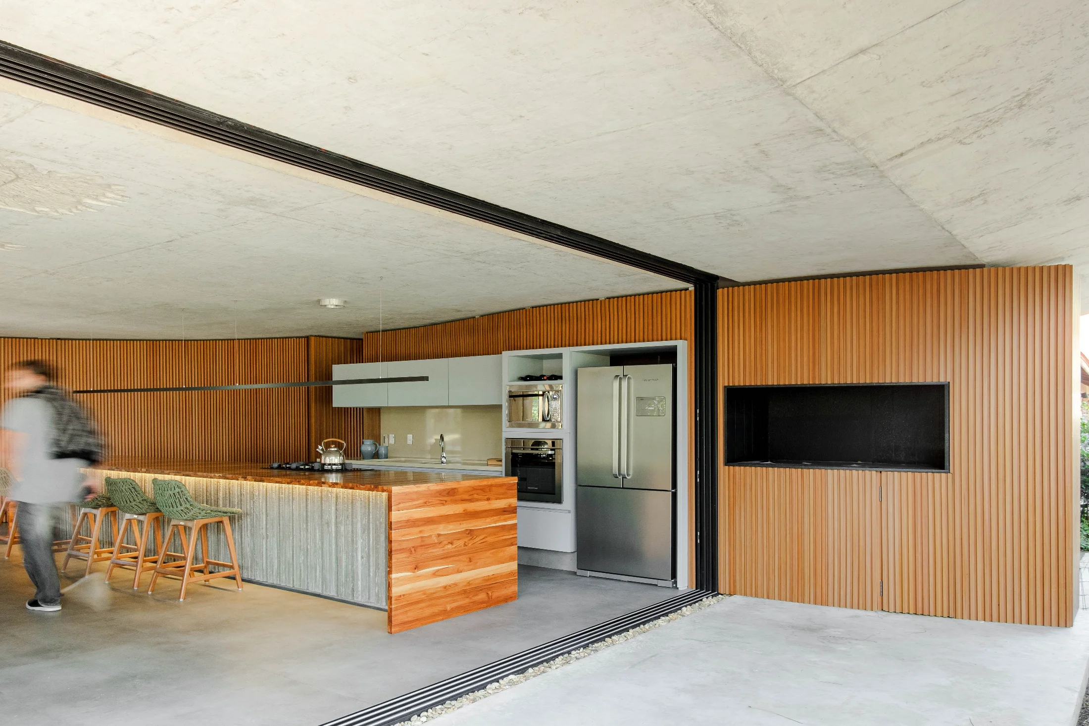 Interior wall clad in Lesco ecological wood panels.
